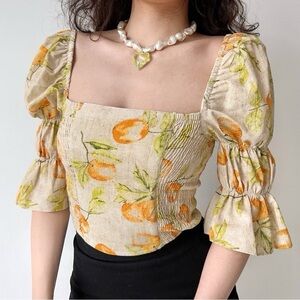 Urban outfitters Smocked Chelsea Square Neck puff sleeve cropped linen‎ feel Top